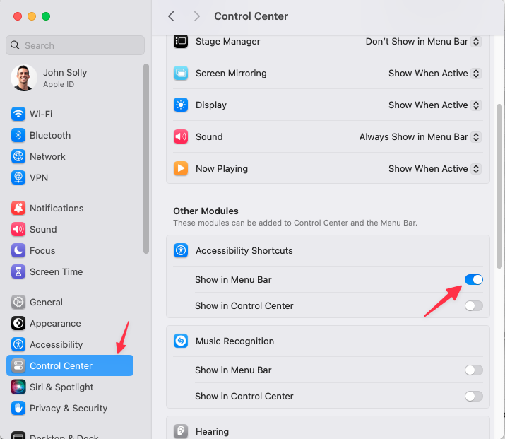 Screenshot of MacOS Control center indicating that 'Show in Menu Bar' is turned on