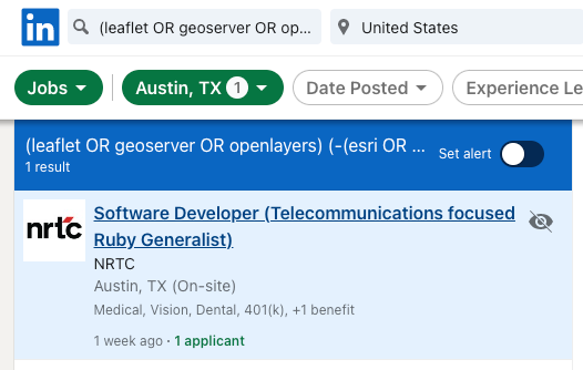 LinkedIn search with spatial filter of Austin Texas. 1 result.