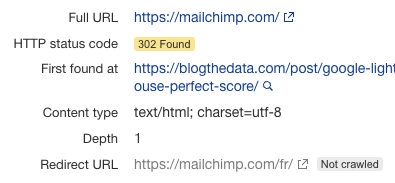 Screenshot of 302 redirect to French version of Mailchimp
