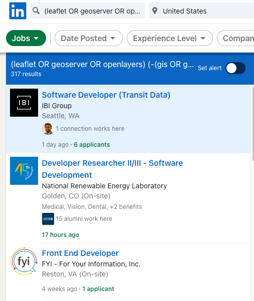 LinkedIn search for GIS jobs that don't mention GIS. 317 results.