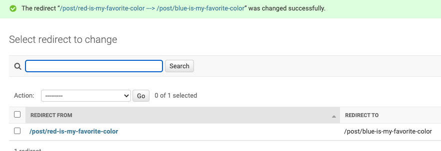 screenshot of redirect page showing /red-is-my-favorite-color redirecting to /blue-is-my-favorite-color
