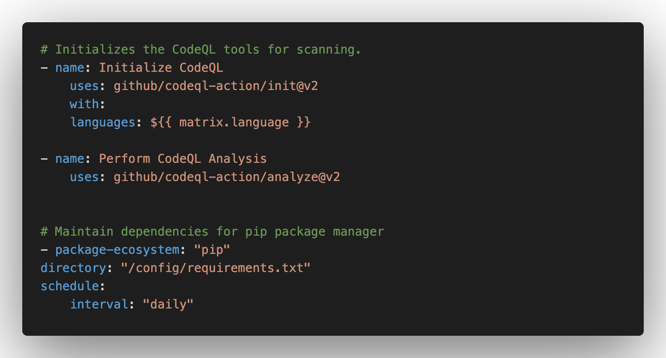 Screenshot of CodeQL and Dependabot YAML code