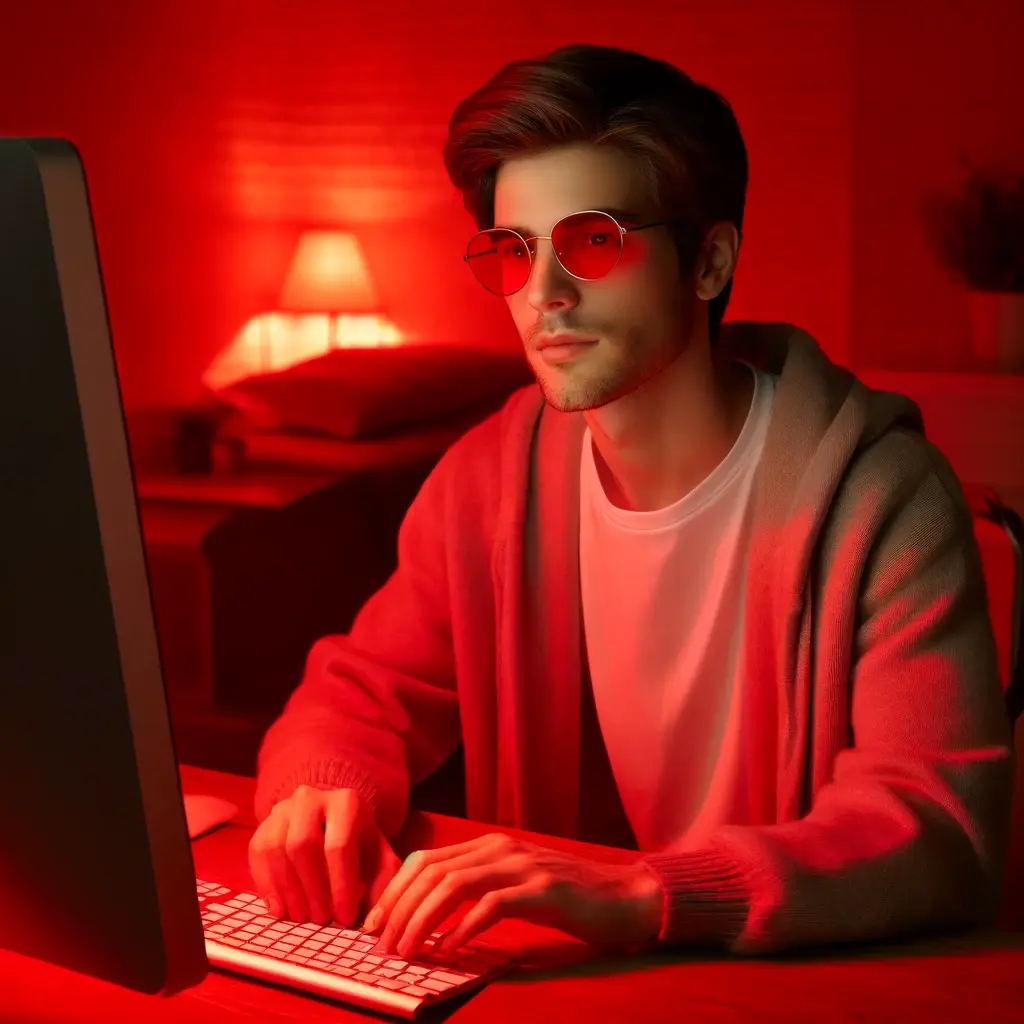 Man with red glasses in red room