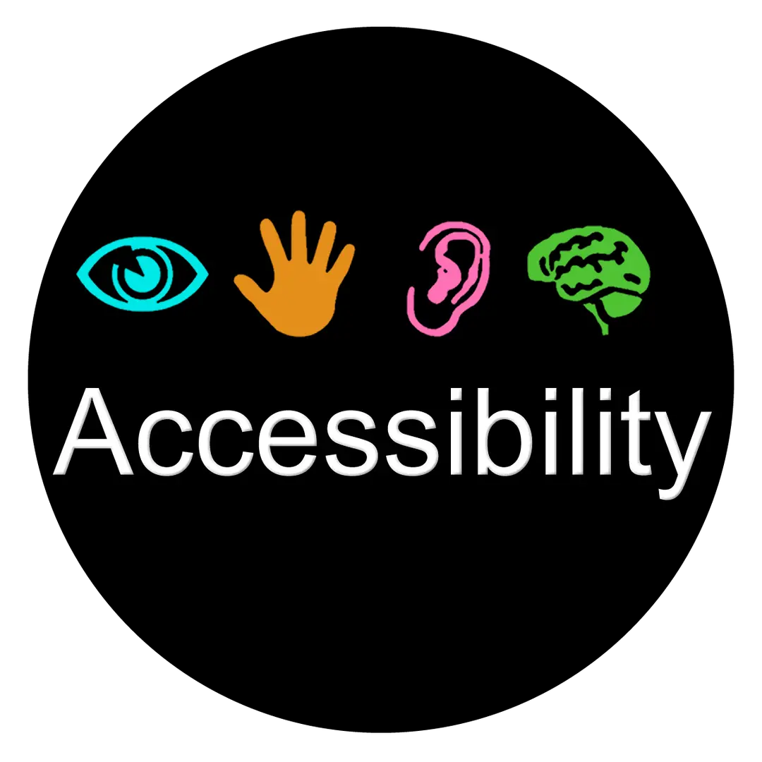 A black circle with the text 'Accessibility' showing an eye, hand, ear, and brain representing different facets of a11y.
