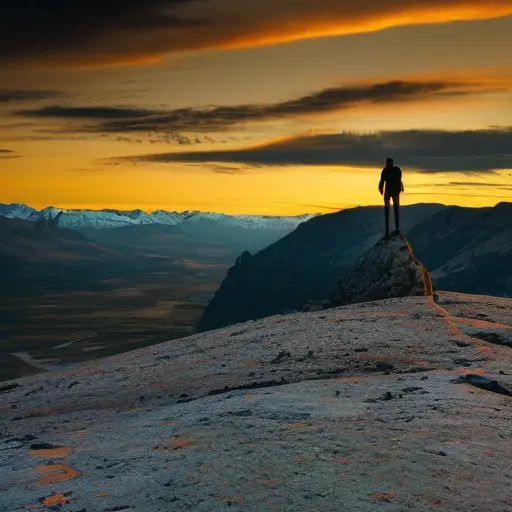 A stunning sunset over a picturesque mountain range, with the silhouette of a lone hiker in the foreground.