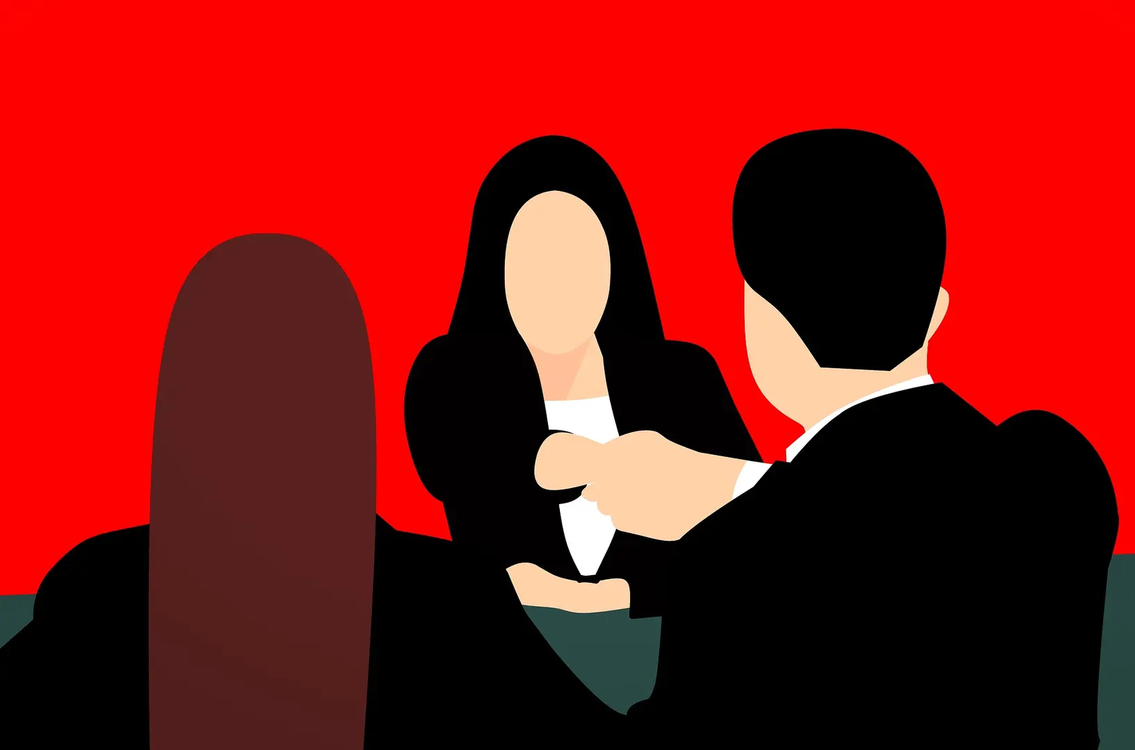 Two people shaking hands with a red background.