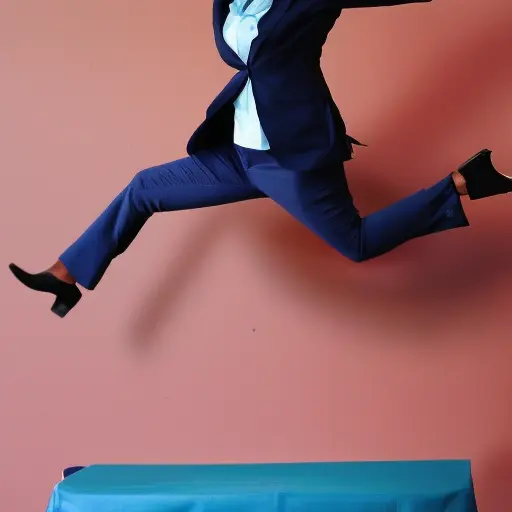 A woman jumping in professional clothing