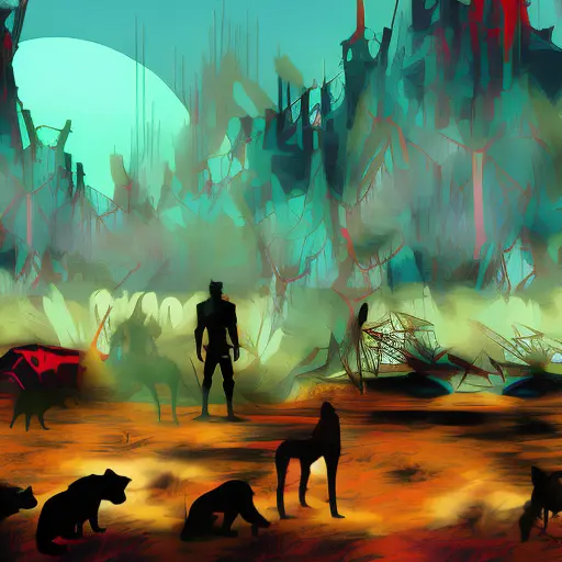 Stable Diffusion 2.1: Digital painting of a post-apocalyptic wasteland. Man surrounded by wild dogs. Vibrant colors, dynamic lines.
