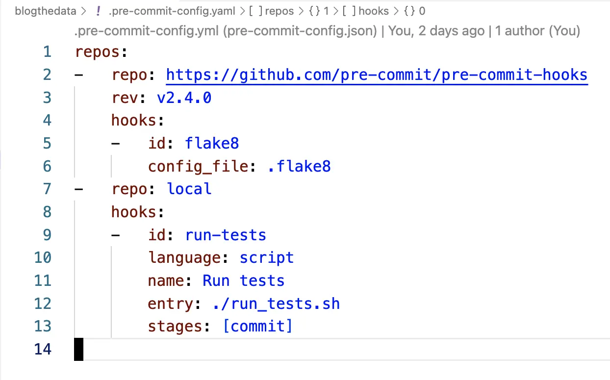 Screenshot of pre-commit hook .yaml configuration