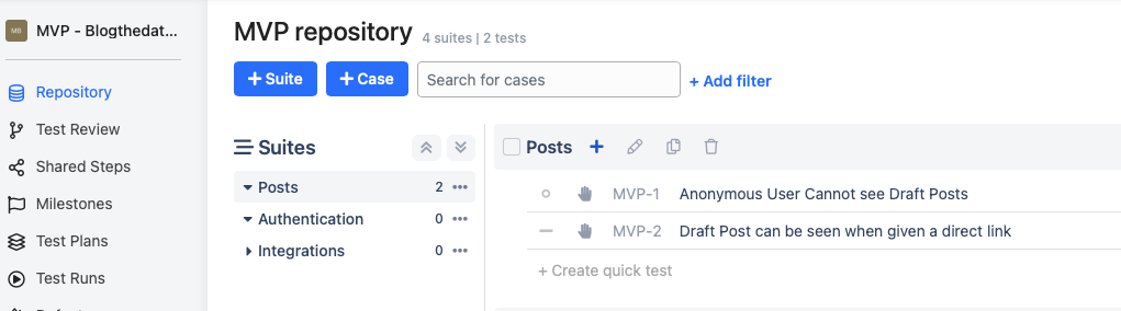 Screenshot of QASE UI showing two tests for Posts 