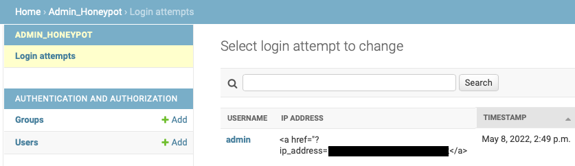 Django admin page showing an attempted login
