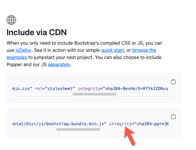 screenshot of Bootstrap CDN page showing integrity hash